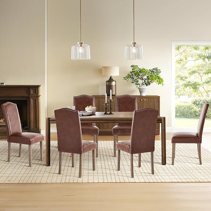 SNUGWAY Upholstered Dining Chair Stylish Parsons Kitchen High Back with Silver Nailhead Trim & Wood Legs, 2-Pack, PU Light Brown
