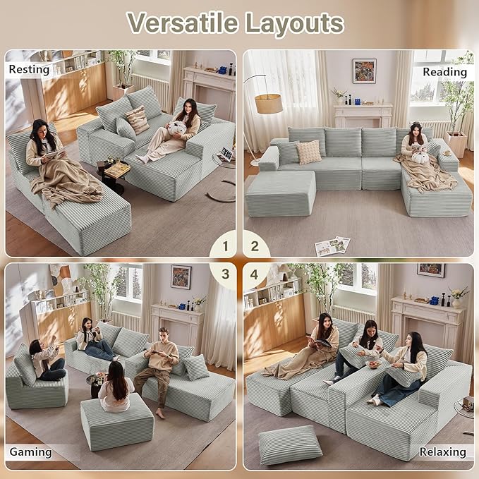 Lakifun 135" U-Shape Cloud Couch, Modern Modular Sectional Comfy L-Shape Sofa with Ottoman, Deep Seat, Upholstered Corduroy Sleeper Chaise Longue for Living Room Bedroom, No Assembly Required, Grey