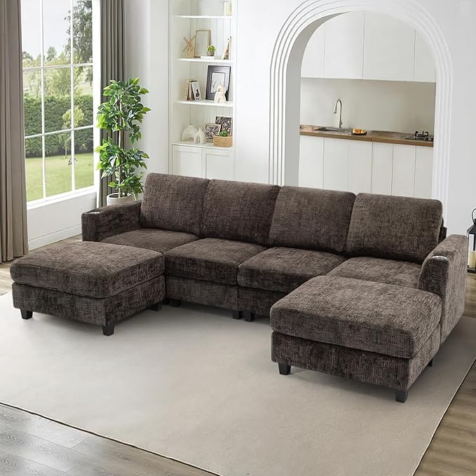 Lesofair 110" Convertible U-Shape Couch with 2 Flexible Ottomans, Soft Sectional Sofa with 2 Built-in Cup Holders, Chenille 4 Seats Sofa with Well-Filled Back Cushions for Living Room, House, Brown