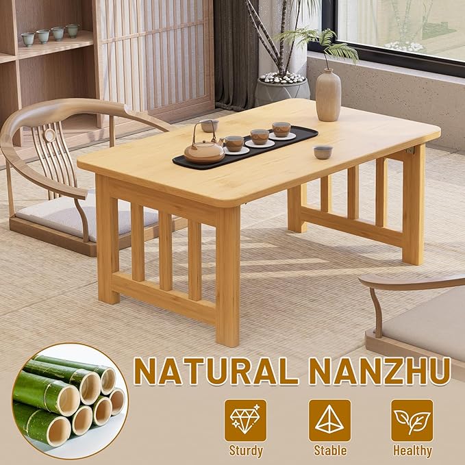 Japanese Folding Floor Coffee Table, Bamboo Foldable Low Table for Sitting On The Floor No Assembly Portable Tea Table Chabudai Table for Tatami, Bay Window, Meditation, Altar (Wood Color)