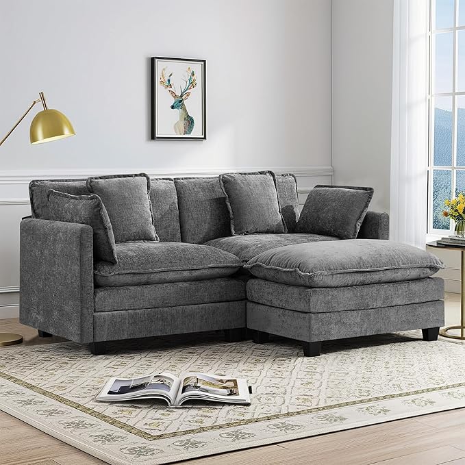 UMBFUN Cloud Couch Loveseat with Ottoman, Oversized Comfy Modular Sectional L Shaped Sofa with Deep Seat Cushions, Chenille 2-Seater Lounge Set for Living Room, Grey