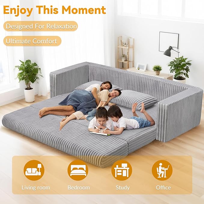 HABUTWAY Folding Sofa Bed, 2 in 1 Convertible Sleeper Chair with 2 Pillows, Portable Fold Out Chair Bed with Armrest, Comfy Floor Couch, Lazy Sofa for Living Room Bedroom Dorm Home Office, Light Grey