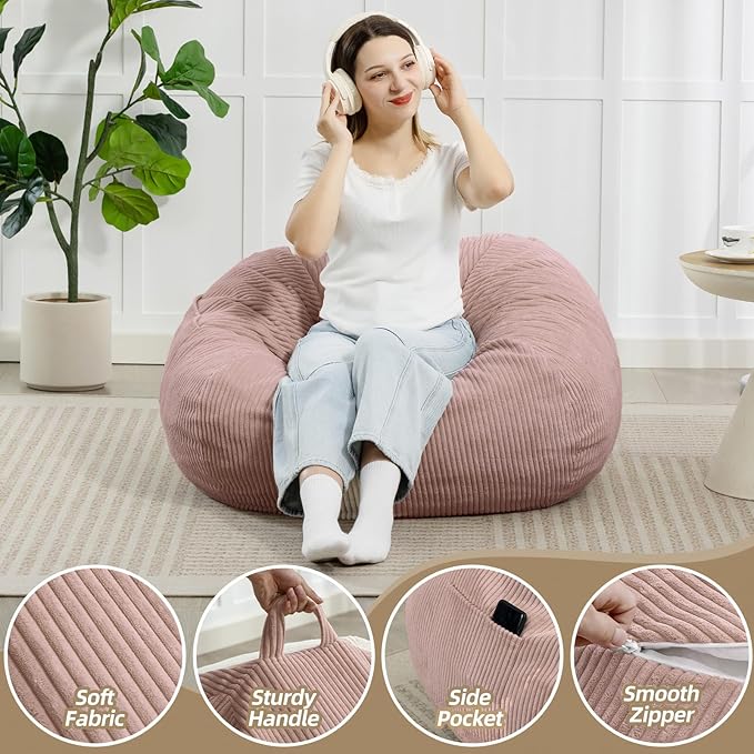 Bean Bag Chair with Corduroy Cover and Memory Foam Filled for Adults and Teens, Comfy Fluffy Floor Chair for Living Room Bedroom (Pink, 3FT)