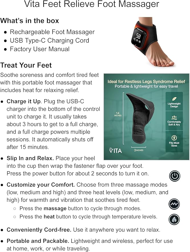 Vita Feet Relief Ankle Heating Pad with Vibration – Foot & Leg Relaxation Support – Cordless Portable Calf Wrap for Comfort & Recovery (One Unit)