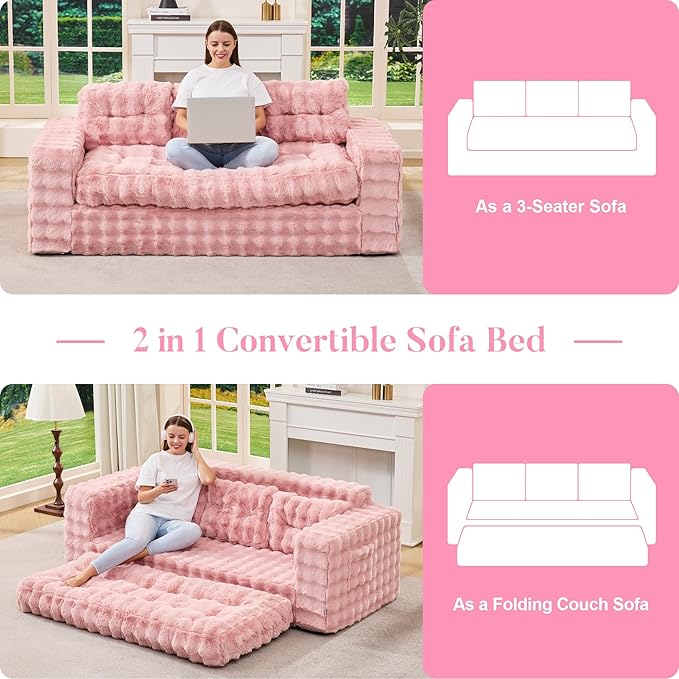 Hobestluk 3-Seater Sofa Boneless Couch with Tufted Button Design 2 in 1 Comfy Cloud Couch Oversized Sofa for Living Room Bedroom Apartment or Office (Pink, 3 Seater)