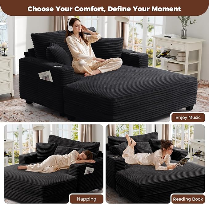 HUSFU Chaise Lounge Chair Indoor, 60'' Oversized Sleeper Sofa, Chaise Lounge Reading Chairs for w/Cup Holder and USB&Type C Port, Fluffy Plush Cloud Sofas Couches for Living Room,Set of 2,Black