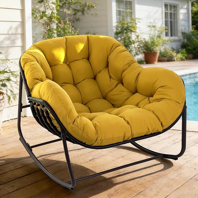 Sgentle Papasan Rocking Chair Outdoor, Oversized Patio Rocking Chair with Cushions & Steel Frame, Wicker Egg Lounge Chair Indoor, Comfy Reading Chair for Patio, Deck, Porch (Yellow, Style 1)