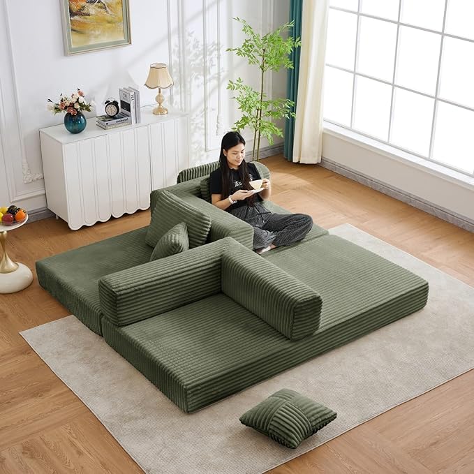 Folding Sofa Bed, Corduroy Loveseat Sleeper with Fixed-Shape Frame, No Assembly Needed Futon Couch, Convertible Floor Sofa Lounge Couch for Living Room, Bedroom, Lounge Studio, Green