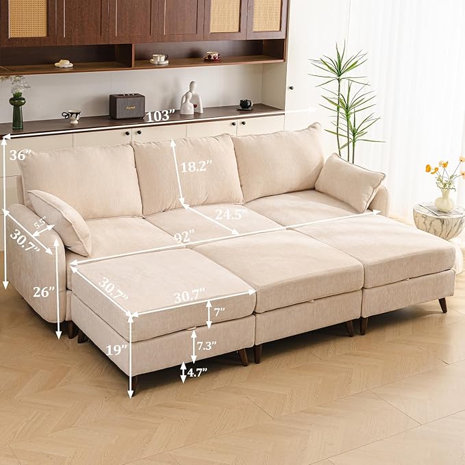 Rexulqo 104'' Modular Sectional Sofa with All Seats Storage, Oversized Sleeper Sofa Bed,Comfy Cloud Couches with Movable Ottoman,24.5'' Deep Seat,Large Sectional for Living Room,Bedroom,Velet,Cream