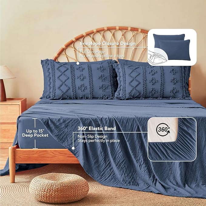 MR&HM King Size Comforter Set Navy Blue, 7 Pieces Tufted Boho Beddding Sets, Farmhouse Style Bed in a Bag with 1 Comforter, 2 Pillow Shams, 2 Pillowcases, 1 Flat Sheet, 1 Fitted Sheet