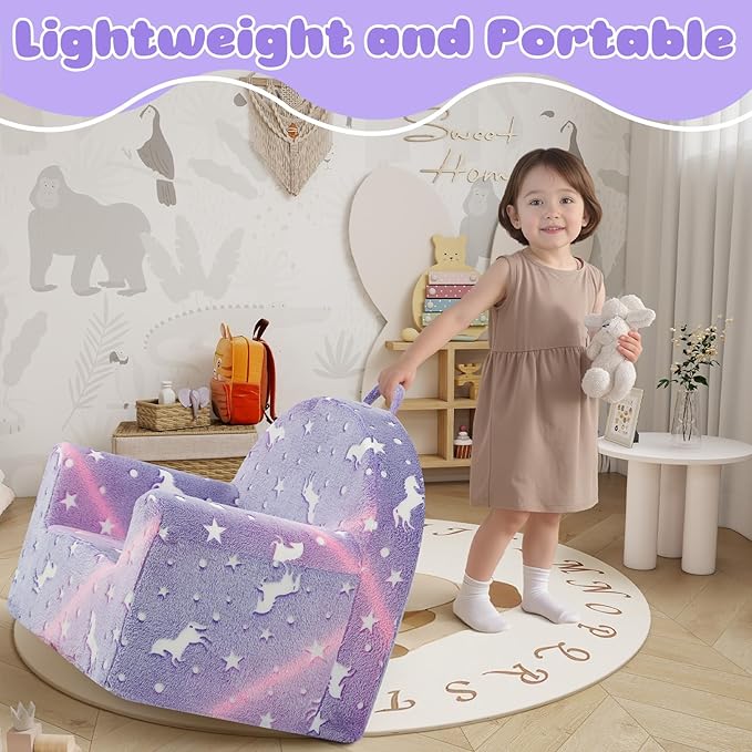 MeMoreCool Comfy Toddler Chair for 1-3 Years Old, Glow Unicorn Kids Reading Chair, Soft Plush Toddler Armchair, Cozy Foam Lounge Kids Armchair for Baby Room, Living Room, Playroom, Reading Nook