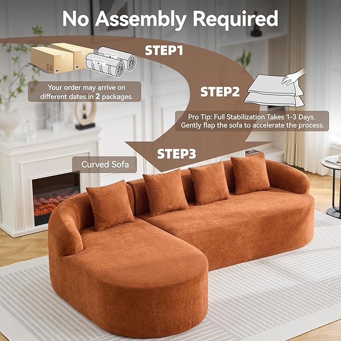 105.5" Boneless Curved Couch, L Shaped 4-Seater Cloud Couch with Deep Seat Chaise, Oversized Curved Sofa, Chenille Modular Sectional Couches for Living Room, No Assembly, Orange