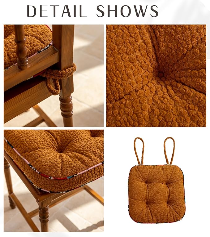 Soft Comfort Chair Pads with 3D Dots Pattern Jacquard Warm Square Chair Cushion with Ties Thicken Non-Slip Floor Pillow Fluffy Seat Cushion for Office Dining Kitchen (Orange,15"x15")