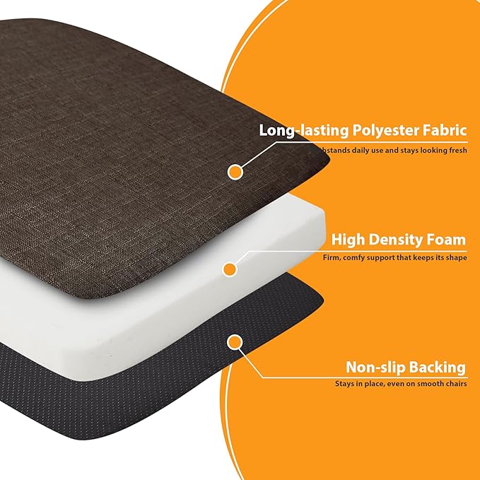 Ruqmuis Chair Cushions for Dining Chairs, 2" Thick Seat Cushions for Kitchen Chairs, D-Shaped Chair Pads with Washable Cover, Ties and Non Slip Backing, 17'' x 16'', Set of 2, Brown
