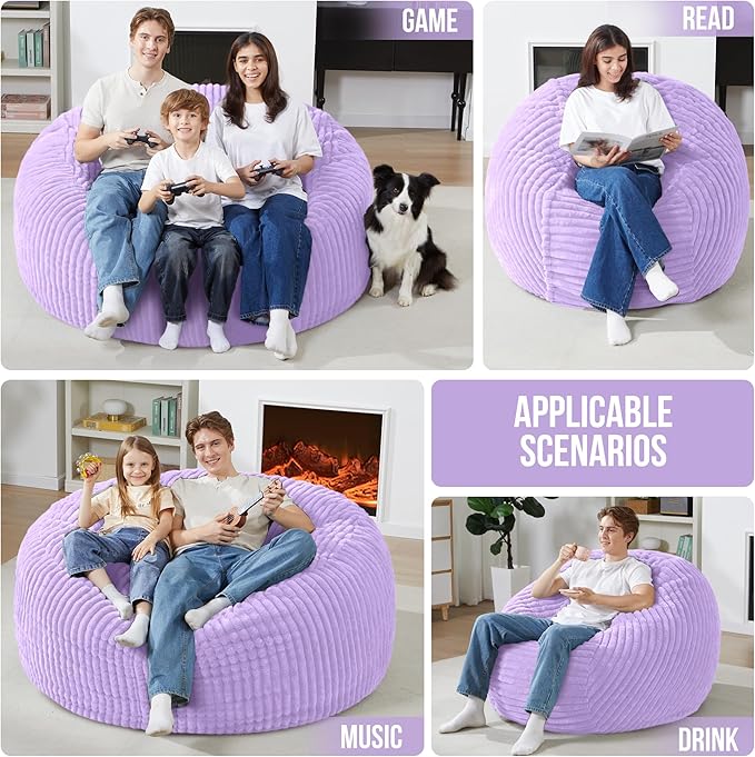 Homguava 5 FT Bean Bag Chair,5' Big Bean Bag,Giant Bean Bag Chairs for Adults with Memory Foam Filled,Comfy Large Beanbag Chairs Soft Bean Bag Sofa with Dutch Corded Plush Cover-Purple