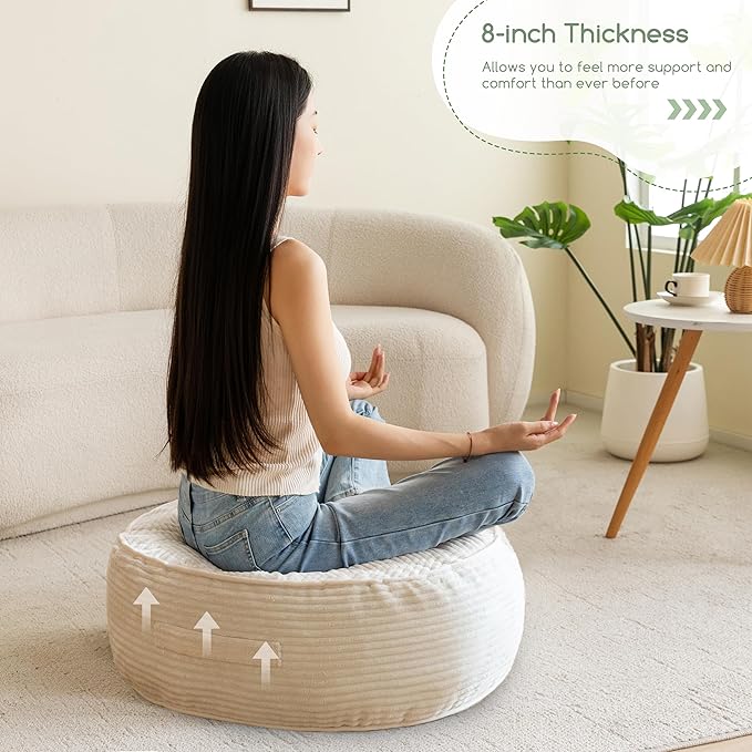 8" Washable Floor Pillow Cushion for Adults, Meditation Cushion Pillow, Large Round Floor Sitting, Removable Tufted Corduroy Cover, for Tatami Living Room or Yoga, 22x22 Inch, 2Pack, Machine Washable