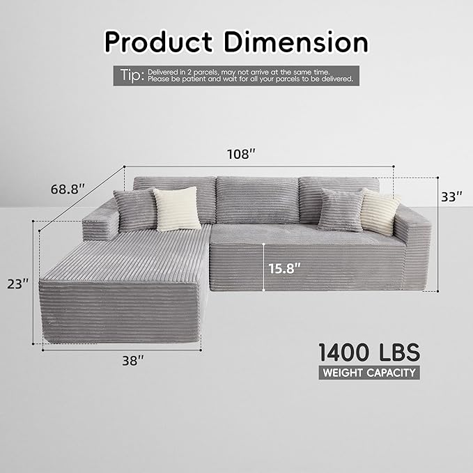 Opiesit 108" Boneless Couches for Living Room, Modular Sectional Sofa with Oversized Chaise, L-Shape Cloud Couch with Deep Seat, High-Density Memory Foam, No Assembly Required, Plush Corduroy Grey