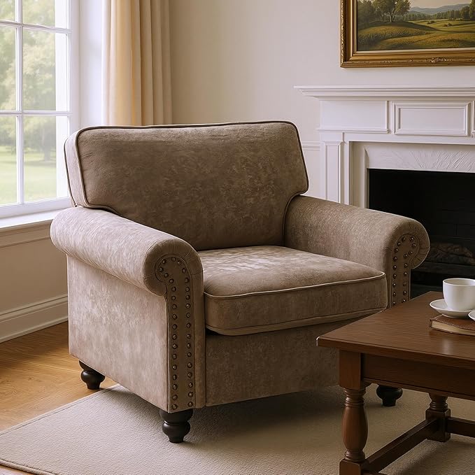 Nailhead Armchair, Rolled Arms Accent Chair for Living Room, Single Sofa Chair with Springs Seat Cushion & Wooden Legs, Mid-Century Armchair for Apartment, Office, Farmhouse, Light Brown