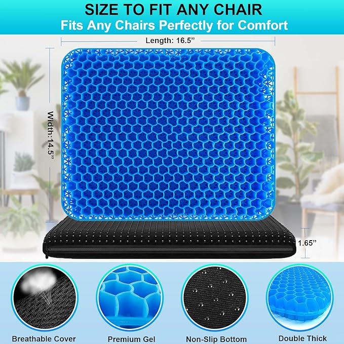 Helishy Gel Seat Cushion for Long Sitting - 1.65inch Double Thick Cooling Egg Cushion for Back, Hip, Sciatica, Coccyx, Tailbone Pain Relief - Office Chair Car Seat Cushion – Wheelchair Cushions