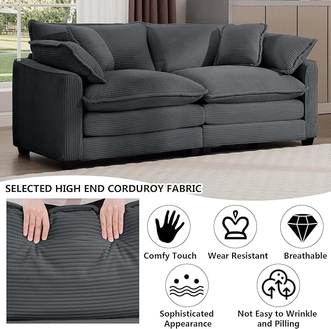 Aoowow Corduroy Loveseat Couch,Modern 2 Seater Cloud Couches for Living Room,Modular Sectional Cloud Sofas with Deep Seat,Large Love Seat for Small Spaces,Apartment,Office. (Grey, 2 Seater)