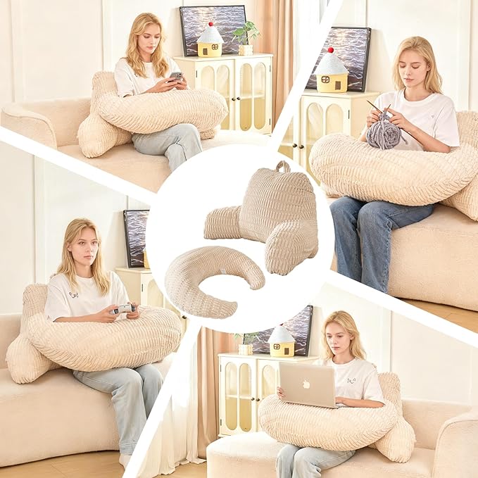 PAJEO Back Pillow for Bed Sitting Up,U Shaped & Back Support Pillow for Bed,19" Backrest with Lumbar & Arm Support,Comfy Corduroy Fabric,Lap Pillow for Gaming/Reading/Watching TV,White