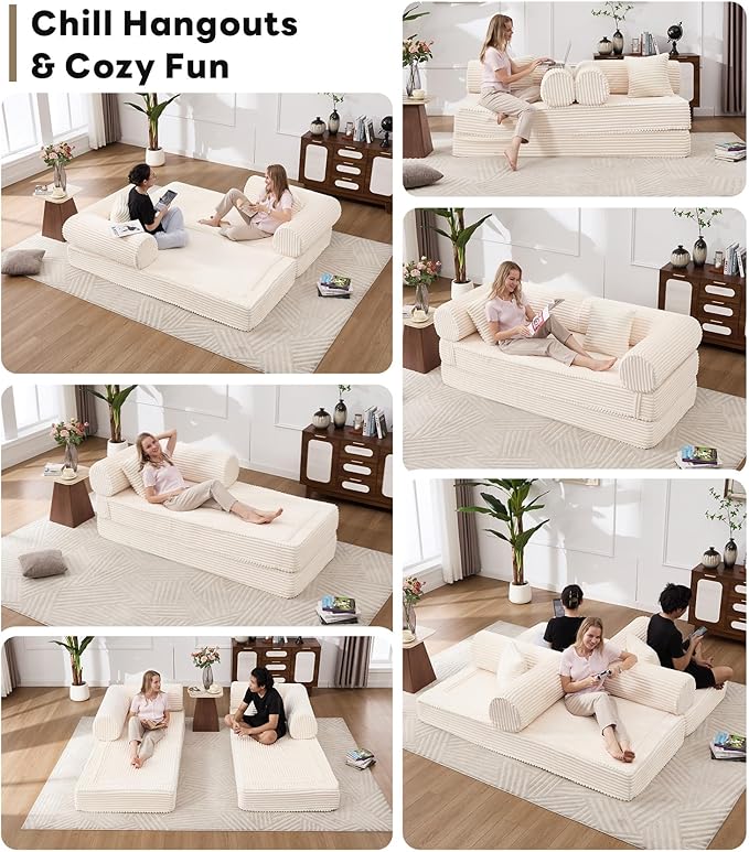 Tbfit 79'' Convertible Sofa Bed, Oversized Corduroy Folding Boneless Couch, Futon Mattress Sleeper Sofa, Comfy Foldable Upholstered Floor Couches for Living Room, Beige