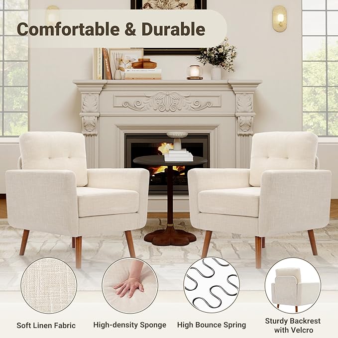 Tbfit Linen Fabric Single Sofa, Accent Chair, Mid Century Modern Armchair for Living Room, Bedroom Button Tufted Upholstered Comfy Reading Sofas, Beige | linen fabric, button tufted, solid wood foot, pocket spring, wood slats frame