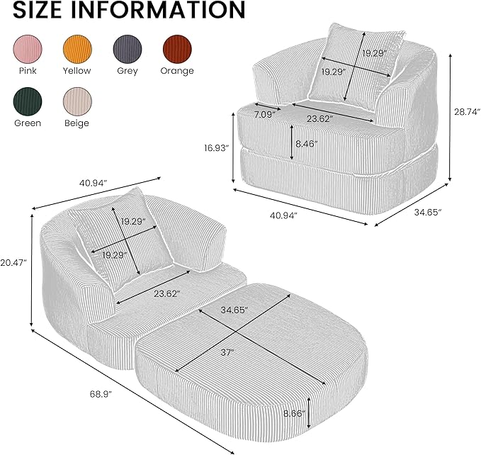 Oversized Convertible Sleeper Chair, Convertible Couch Bed with Backrest and Pillow, Corduroy Oversized Armchair for Adults, Comfy Sleeper Chair Bed for Living Room, Bedroom, Home Office, Grey
