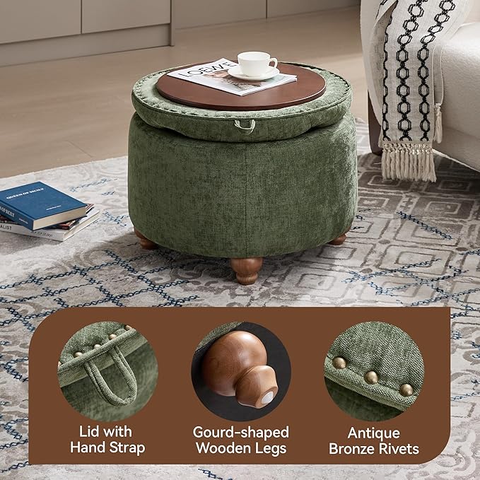 WUTUTUEE 24Inch Round Storage Ottoman with Tray, Modern Tufted Circle Coffee Table with Storage, Upholstered Ottoman with Removable Top for Living Room, Bedroom, Chenille Green