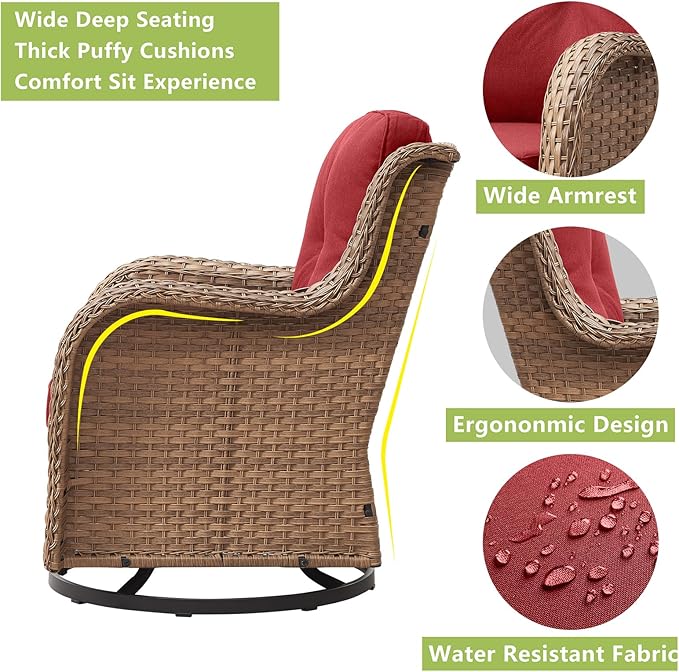 Rilyson Patio Chairs Wicker Outdoor Chair - 6 Piece Rattan Patio Swivel Rocking Chairs Set with Glass Top Side Table for Porch Deck Backyard(Yellow/Red)