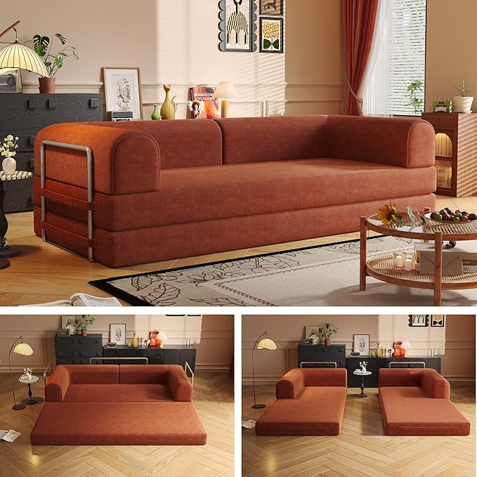 Convertible Sleeper Sofa Bed Boneless Cloud Comfort Orange Futon Couch for Lounging & Sleeping, Removable & Washable Corduroy Sofa Cover, Floor Sofa Folding Mattress for Guests, Small Spaces