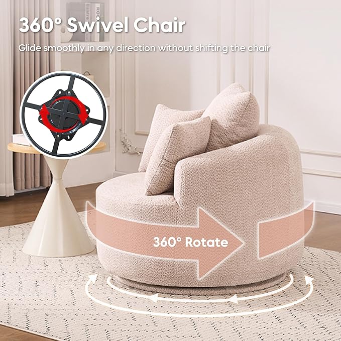 Yoglad 38.58'' Swivel Round Chair, Comfy Boucle 360° Accent Chair with Thick Cushion, Oversized Modern Single Sofa with 3 Pillows, Soft Armchair for Nursery, Living Room, Bedroom, Office (Beige)
