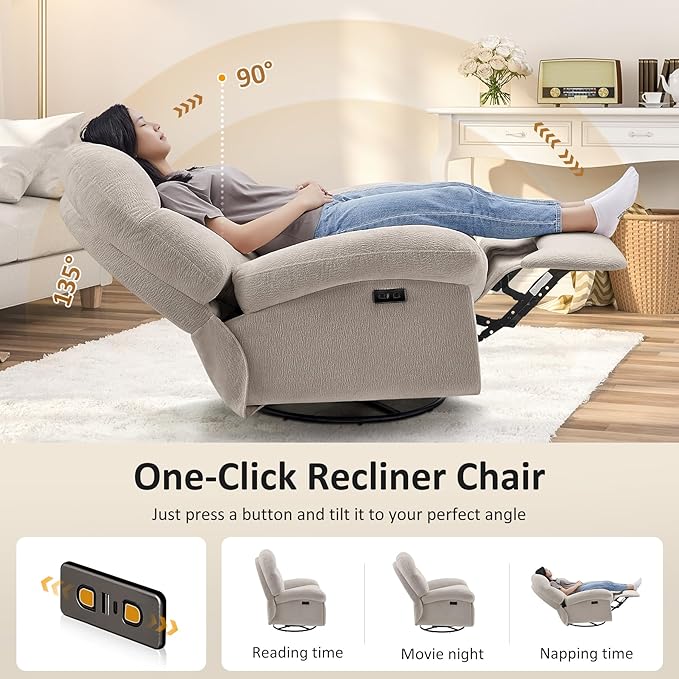 VANOMi Power Recliner Chair with USB & Type-C Charging, 270° Swivel Glider Rocker, Electric Nursery Recliner for Living Room, Bedroom, and Office, Light Gray