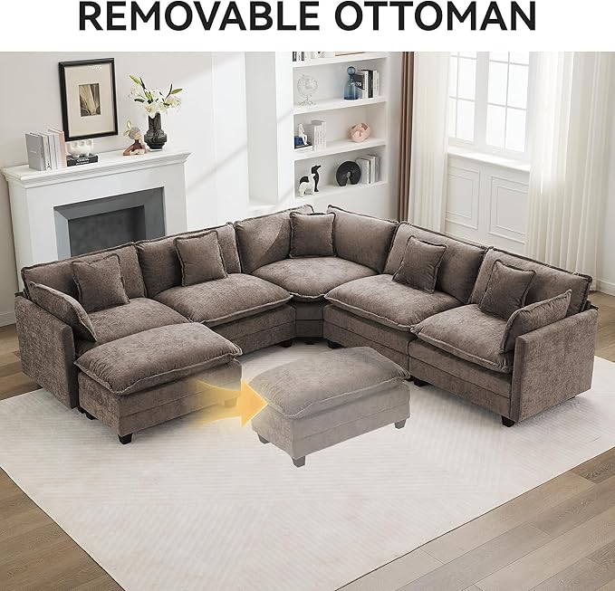 113'' V Shaped Cloud Sectional Sofa, Oversized Deep Seat Couches for Living Room, Chenille Comfy Upholstered Modular Sectional Sofa Couch, Brown