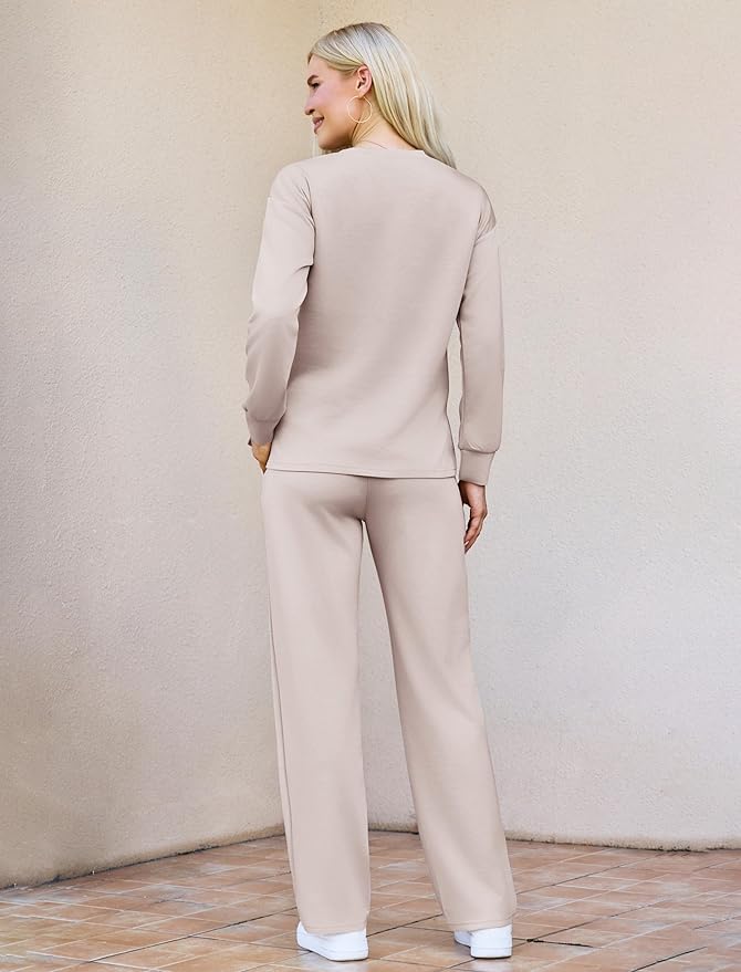 difficort Women's 2 Piece Lounge Sets Casual Travel Airport Outfits Side Slit V-Neck Tops & Wide Leg Pants Matching Set