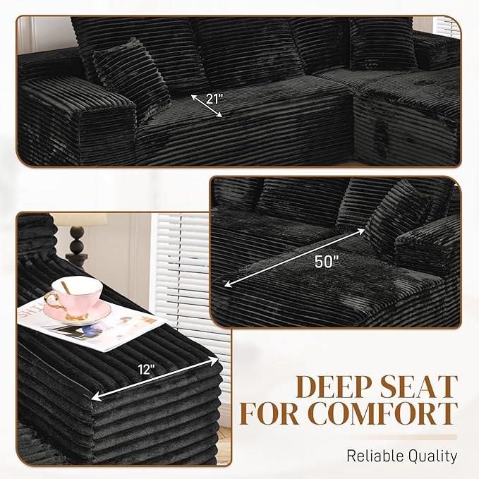 108" Boneless Cloud Sectional Couches for Living Room, Comfy Fluffy L Shaped Memory Foam Deep Seat Boneless Couch, Modular Sectional Sofa with Right Facing Chaise, Black