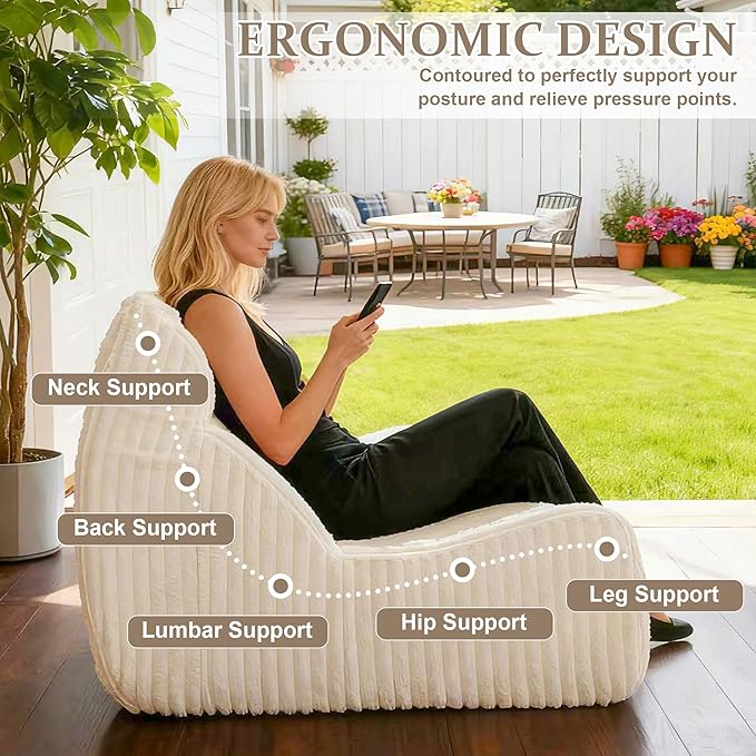 Bean Bag Chairs, Giant Bean Bag Chair for Adults, Memory Foam Lounge Chair, Comfy Lazy Floor Chair, Bean Bag Sofa for Living Room, Bedroom and Office, Loveseat Bean Bag (White)