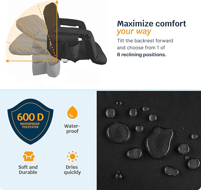 Alpcour Heating Massage Stadium Seat – Deluxe Reclining Bleacher Chair with Back & Arm Support – Built-in Heater and Massager - Extra Thick, Lightweight and Waterproof with Detachable Pockets