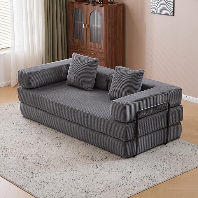 77" Convertible Foldable Floor Couch, 3-Seat Futon Sleeper Sofa for Living Room, Bedroom, or Apartment, with Pillow Backrest and Armrests, Corduroy Fabric, No Assembly Required, Dark Grey
