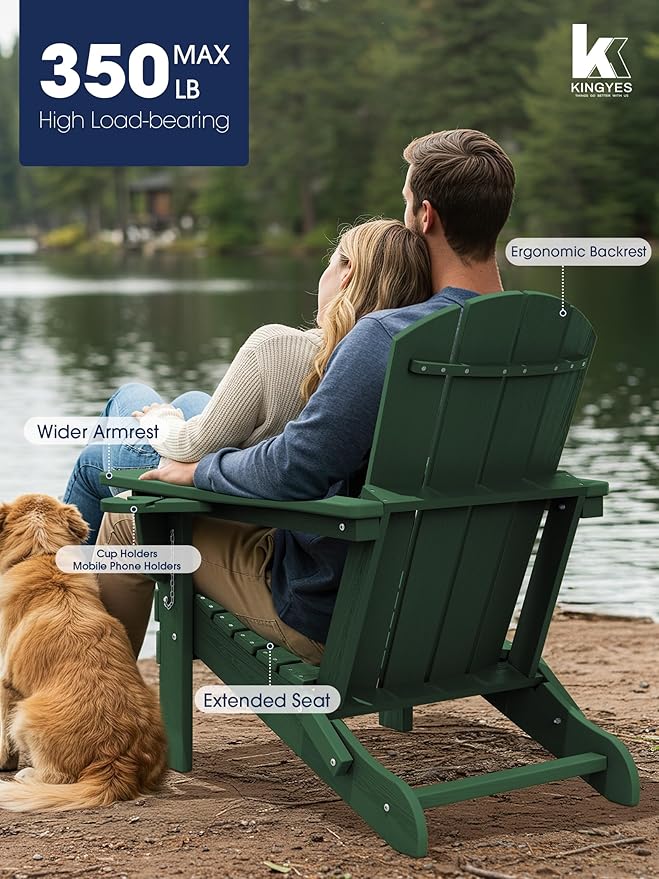 KINGYES Folding Adirondack Chair Set of 4, Dual Cup Holders & All-Weather HDPE, Wood-Like Patio Chair for Backyard, Camping, Pool & Fire Pit, Dark Green