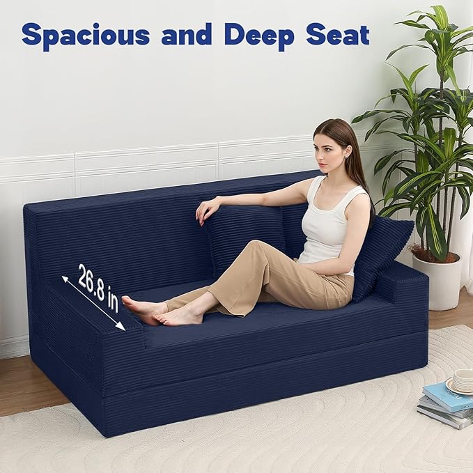 MeMoreCool Folding Sofa Bed Queen Corduroy Convertible Sleeper Chair – 2‑in‑1 Floor Sofa to Queen‑Size Bed | High‑Density Foam with Pillows | Removable Machine‑Washable Covers