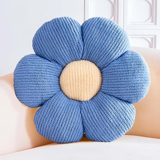 VBGYA Blue Flower Decorative Throw Pillows, Cute Daisy Shaped Plush Aesthetic Pillow, Soft 14.9" Floor Seat Cushion