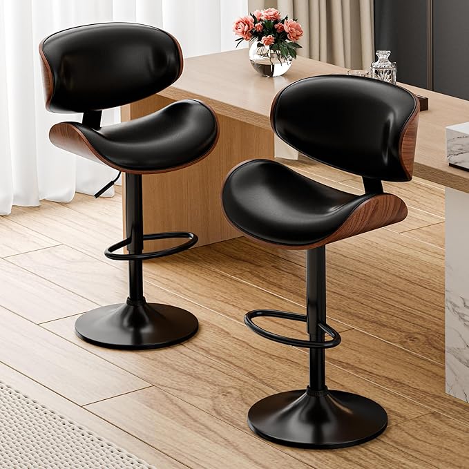 Aowos Bar Stools Set of 2, Adjustable Swivel Leather Bar Stools for Kitchen Island, Mid Century Modern Counter Height Bar Chairs Barstools with Back & Footrest (Black)