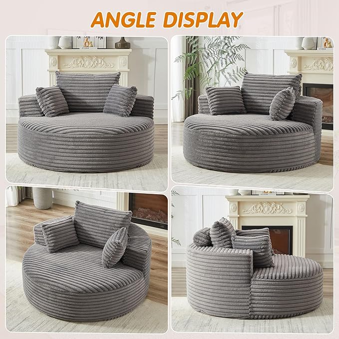 55"W Oversized Round Chair Lounge Chaise Indoor, Upholstered Comfy Circle Sofa Armchair, Modern Cozy Boneless Foam Floor Reading Chair for Living Room, Bedroom, No Assembly Required(Corduroy, Grey)