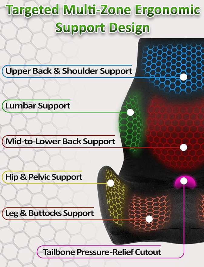 Ergonomic Memory Foam Seat Cushion for Office Chair, Car Seat, Dining, Gaming Chair & Wheelchair, Full Back & Lumbar Support Pillow One Piece, Back Pain Relief, Coccyx, Tailbone & Sciatica Pain Relief