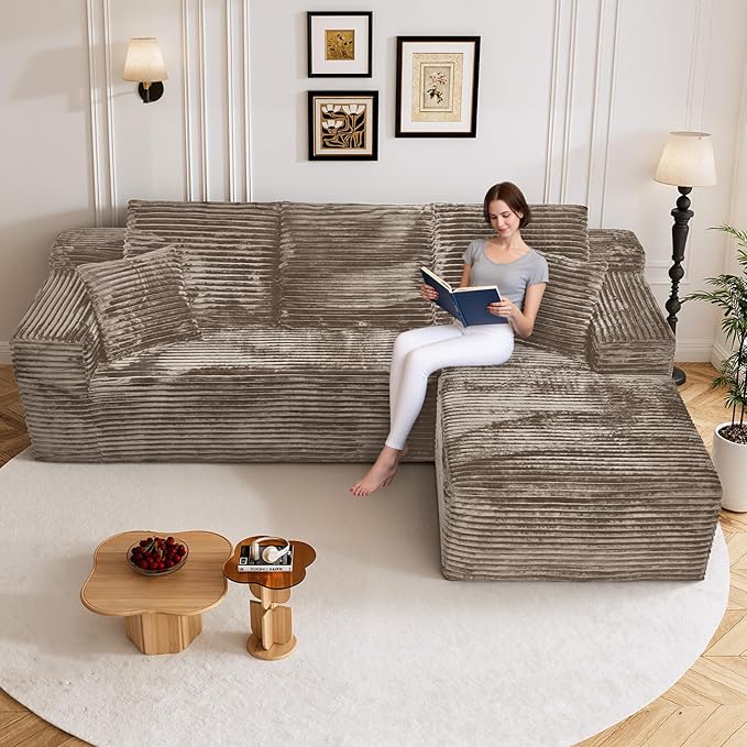 108" Boneless Cloud Sectional Couches for Living Room, Comfy Fluffy L Shaped Memory Foam Deep Seat Boneless Couch, Modular Sectional Sofa with Right Facing Chaise, Brown