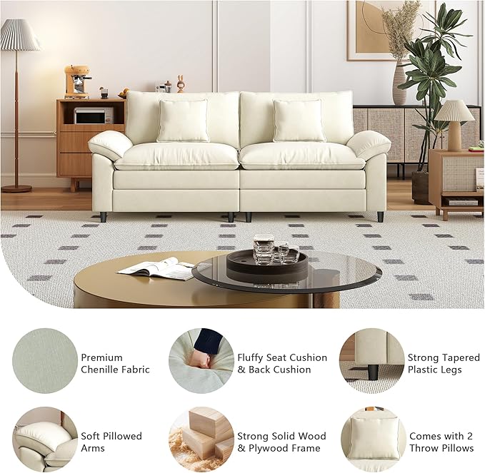 Aoowow Modular Sectional Sofa Modern Convertible Loveseat Couch,85 Inch Deep 2-Seater Sofas Comfy Chenille Cloud Sofas and Couches for Living Room Apartment(Beige)