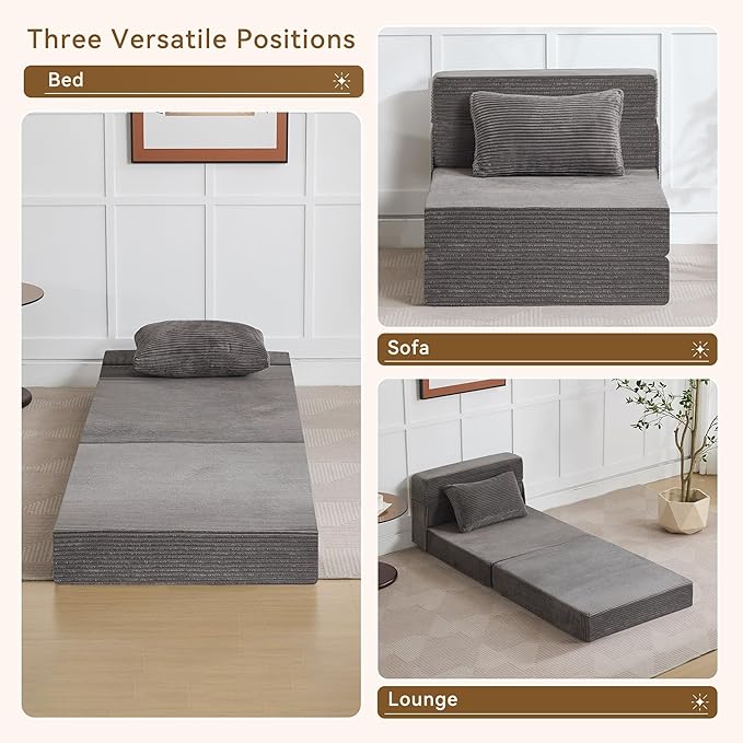 Folding Sofa Bed Convertible Floor Couch Foldable Chair Bed with Pillow，Linen Sleeper Chair Futon,Foldable Memory Foam Mattress for Bedroom/Living Room/Dorm/Office (Corduroy Grey, Single)