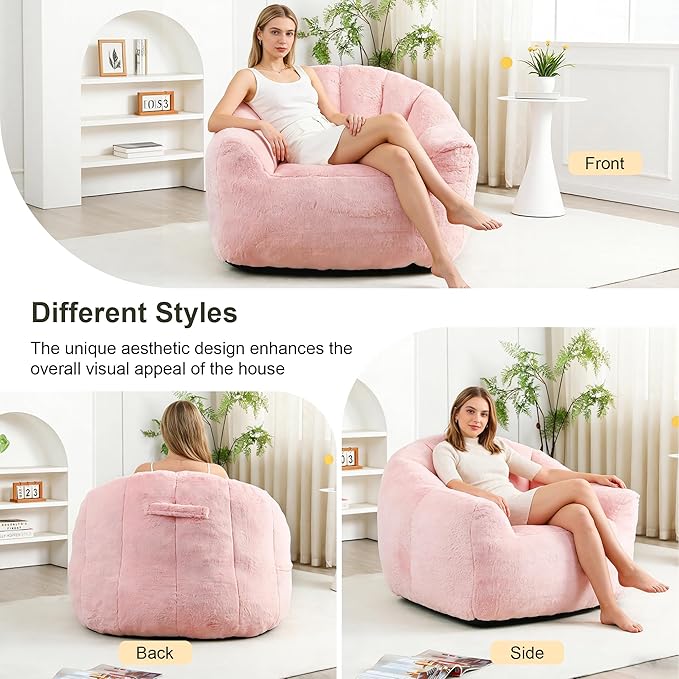 Bean Bag Chair, Bean Bag Couch for Adults and Kids, Comfy Shell-Shaped Chair with Filler Armrests Stuffed High-Density Foam Stuffed Sofa Lounge Floor Sofa for Bedroom,Gaming, Reading,Pink