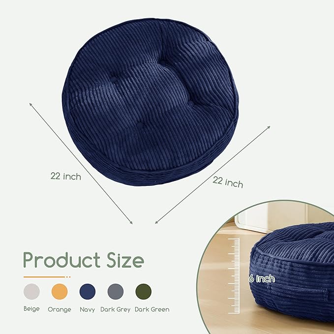 6" Washable Floor Pillow Cushion for Adults, Meditation Cushion Pillow, Large Round Floor Sitting, Removable Tufted Corduroy Cover, for Tatami Living Room or Yoga, 22x22 Inch, Machine Washable
